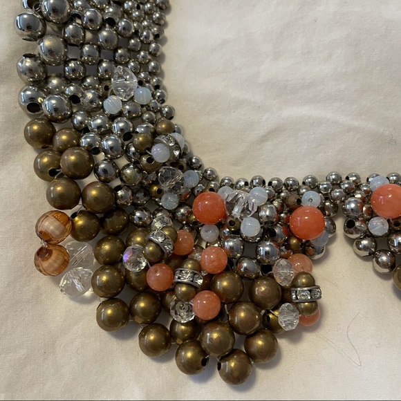 PAM MIRAN ANTHROPOLOGIE Collar Bib Necklace Silver Peach Orange Beaded - Picture 3 of 4